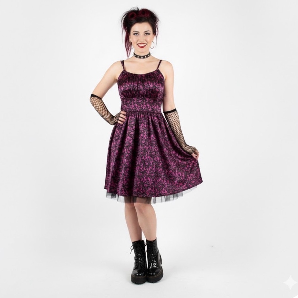 Fashion Bug dark Pink Black Floral Rockabilly Whimsy Satin Tulle Dress Size 16